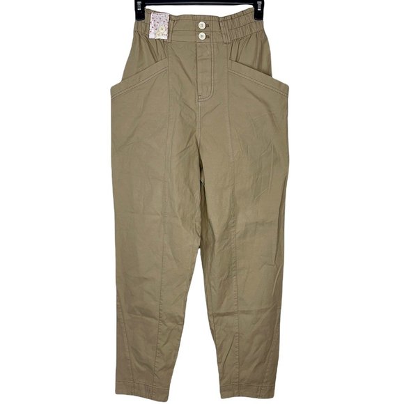 Free People Womens Ready To Run Pants Khaki Tan Cinch Waist Button Fly S New
